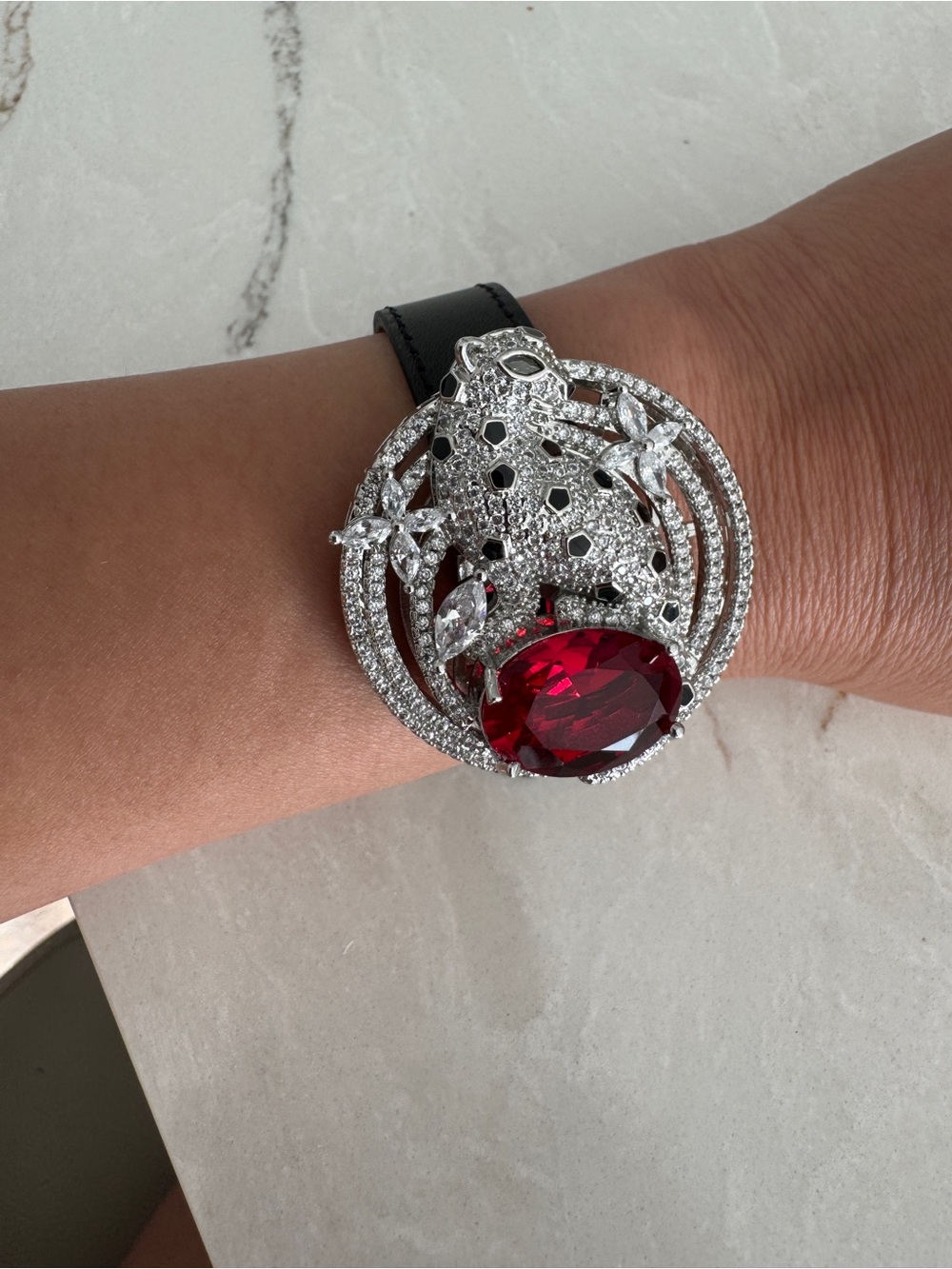 Silver-Tone Bracelet with Deep Red Crystal Accent
